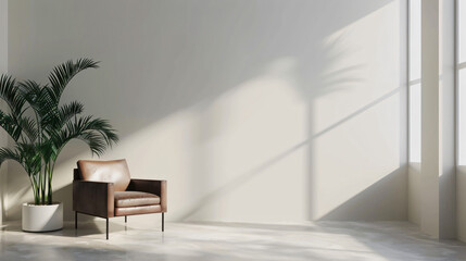 Wall Mural - Sunlit minimalist interior with leather armchair and plant, casting shadows from window