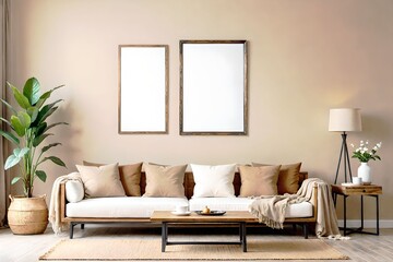 Wall Mural - Fabric sofa, planter room design. View of modern scandinavian style interior with artwork mock up on wall.