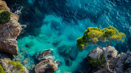 Wall Mural - Natural landscape on a blue lagoon among rocks with modern yachts. View of the sea bay with turquoise water. Nature concept.