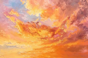 Poster - A painting showcasing a sunset with colorful orange and pink clouds in the sky, Golden sunsets painting the sky in hues of orange and pink