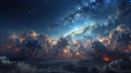 Wall Mural - A beautiful landscape of a stormy night sky with clouds and stars. AI.