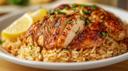 Wall Mural - A serving of rice topped with crispy-skinned roasted chicken, served with a wedge of lemon.