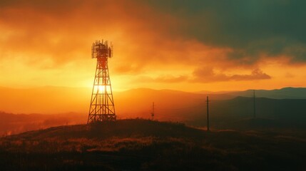 Poster - A signal tower covered in warm, golden lights, casting a glow on the surrounding landscape.