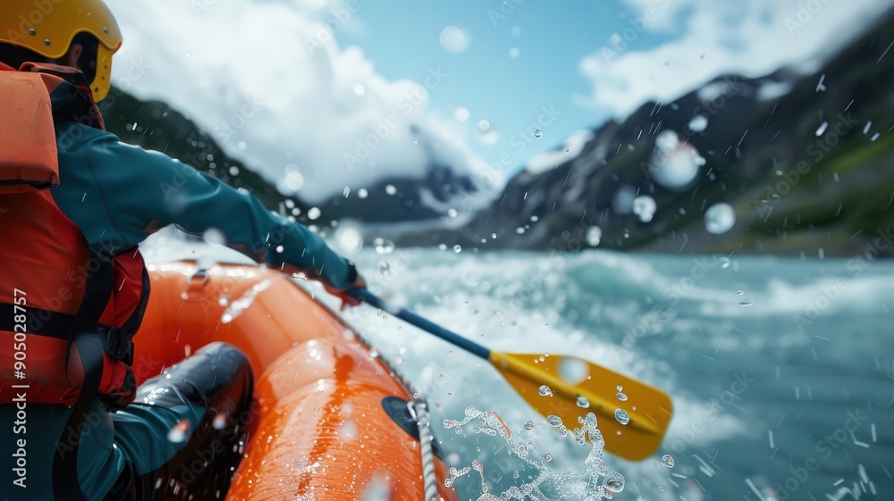 Stock-Foto „Raft plunging down a steep waterfall, water spraying in all ...