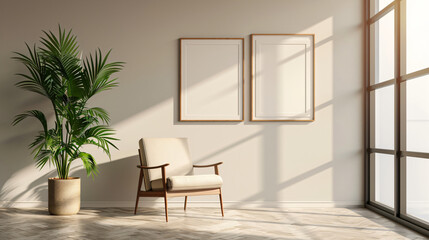 Sunlight shining through the window of a modern and bright living room interior with an armchair, a plant and two empty frames on the wall