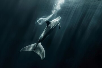 A dolphin gracefully swims in the water, showcasing its mesmerizing tail fin, Graceful swimmer with a mesmerizing tail fin