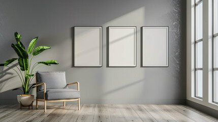 Aufkleber - Bright and airy living room featuring an armchair, a large plant, and three empty frames, ideal for displaying artwork or photography