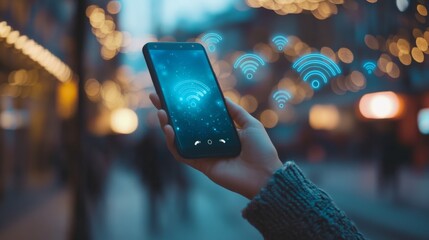 Aufkleber - A smartphone in hand, with Wi-Fi signal strength icons floating around it.
