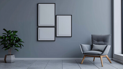 Aufkleber - Contemporary living room with a cozy armchair, a potted plant, and three blank picture frames on a sleek gray wall, perfect for showcasing your artwork or designs