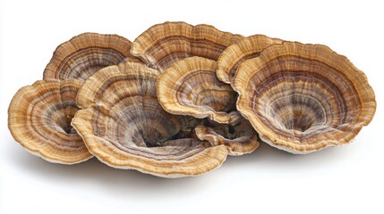 Poster - A spread of fresh turkey tail mushrooms with detailed textures, isolated on a white background.