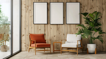 Poster - Modern living room with a wooden wall featuring two armchairs and three empty frames