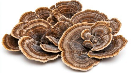 Poster - A spread of fresh turkey tail mushrooms with detailed textures, isolated on a white background.