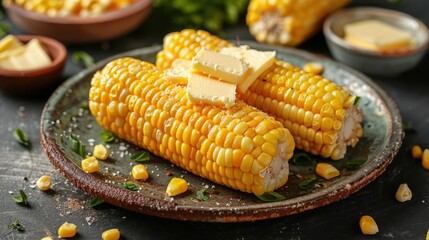 A close-up of two ears of corn on a plate. The corn is yellow and has been cooked. There is a pat of butter on each ear of corn. The corn is on a brown plate.