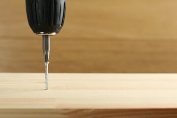 Wall Mural - Screwing screw into wooden plank, closeup. Space for text