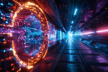 Poster - A futuristic corridor illuminated with neon lights and digital displays, creating a dynamic sci-fi atmosphere for imaginative settings.