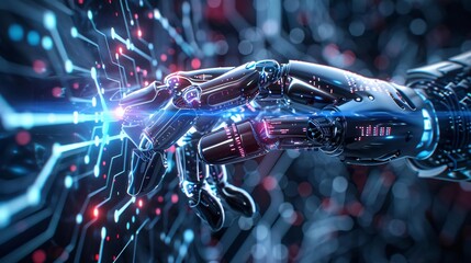 Poster - A futuristic robotic hand interacting with glowing circuits, symbolizing the connection between technology and innovation.
