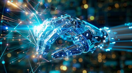 Poster - Futuristic robotic hand interacting with digital technology, showcasing innovation in artificial intelligence and automation.