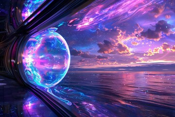 Wall Mural - A stunning cosmic scene featuring a glowing orb surrounded by vibrant colors and serene ocean waves, reflecting a surreal atmosphere.