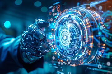 Poster - A futuristic robotic hand interacts with a digital interface, showcasing advanced technology and innovation in a cybernetic environment.