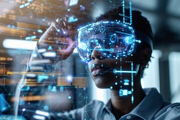 Poster - A person using a virtual reality headset, immersed in a digital environment, exploring futuristic technology concepts.
