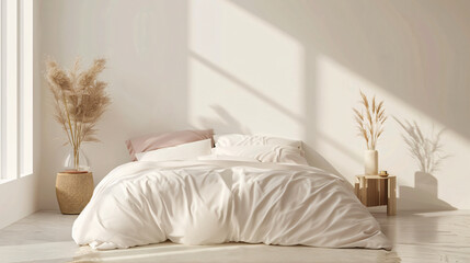Poster - Simple yet stylish bedroom interior design with a cozy bed adorned with white sheets and decorative dried plants in vases