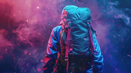 68. Hiking Backpack, movie style, neon colors, abstract shapes, close-up, dramatic lighting, sparks,