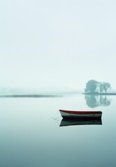 Naklejka na meble Minimalist Vertical Landscape with Foggy Lake and Rowboat - Serene Nature Scene with Calm Waters and Misty Ambience, Perfect for Tranquil Settings