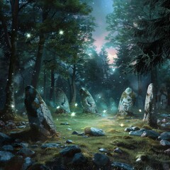 Wall Mural - Dark, enchanted forest clearing with glowing runes