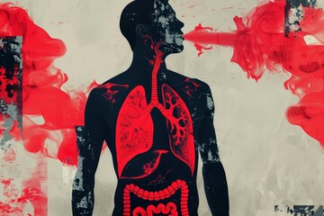 Poster - A mans body is depicted with red paint covering his skin, Graphic design showcasing the human figure with bold, red lung motifs