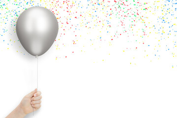 Aufkleber - Female hand holds silver balloon on white background with confetti. Empty space for text