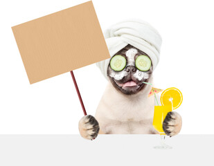 Aufkleber - Funny Pug puppy with towel on it head and with pieces of cucumber on it eyes holds orange cocktail above blank white banner. isolated on white background