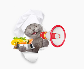 Poster - Happy cat  wearing chefs hat looking through the hole in white paper meowing into the megaphone and shows bowl of vegetables