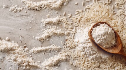 Poster - Whole grain rice flour with wooden spoon and rice grains Background with copy space