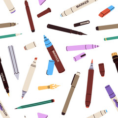 Poster - Art supplies, seamless pattern. Drawing and writing tools, endless background. Calligraphy and lettering pens, pencils, stationery, repeating print design for wrapping. Flat vector illustration