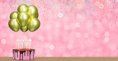 Aufkleber - Birthday cake with bunch of golden or yellow balloons on blurred pink background. Empty space for text. 3d rendering