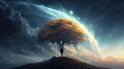 Wall Mural - man gazes at a towering tree and an alien planet on a hilltop, blending fantasy and nature in a surr