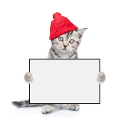 Poster - Kitten wearing a warm hat with pompon holds blank white board. isolated on white background