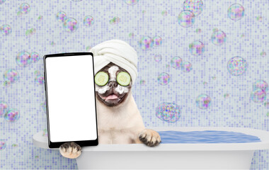 Aufkleber - Happy Pug puppy with towel on it head and with cream on it face and with slices of cucumber in it eyes takes the bath and shows big smartphone with white blank screen in it paw. Empty space for text