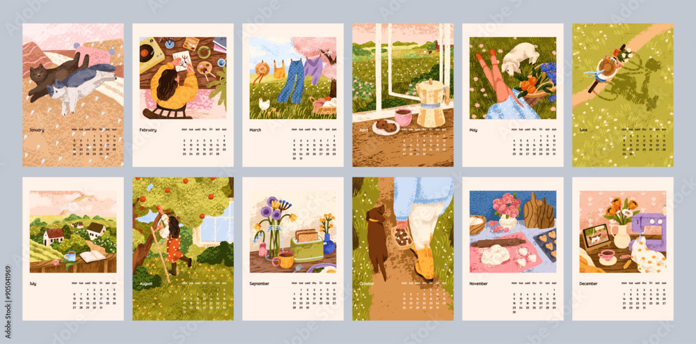 Calendar design for year, 12 months, seasons. Cute hygge style annual ...