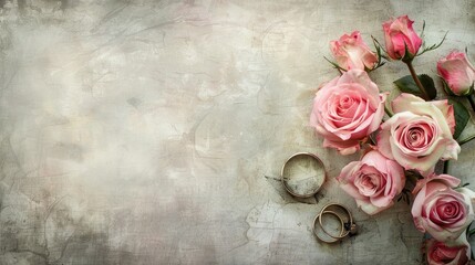 Canvas Print - Vintage background with pink roses and wedding rings