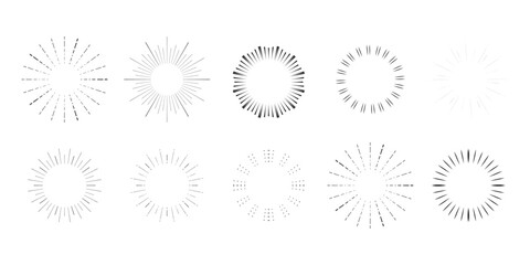 Wall Mural - Set Fireworks, rays, sunburst frames circle border decoration, sparkle in doodle style, line sketch explosion isolated on white background.