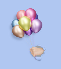 Aufkleber - Childrens hand holding shiny colorful matte balloons through the hole in blue paper