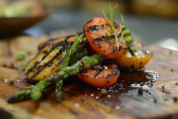 Wall Mural - Grilled asparagus and tomatoes are displayed on a wooden cutting board, showcasing caramelized edges, Grilled vegetables with caramelized edges