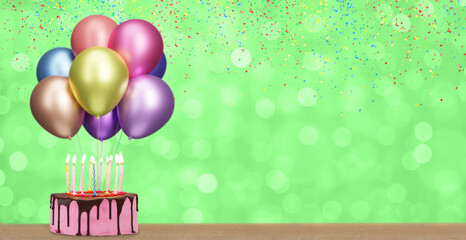 Aufkleber - Birthday cake with bunch of colorful balloons on blurred summer green background. Empty space for text. 3d rendering