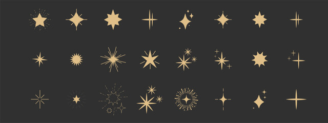 Wall Mural - set gold shine sparkle icon glare,light,blink star minimal shape, burst and rays golden decoration. 