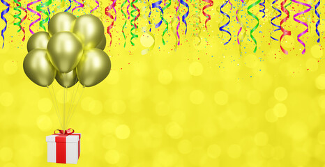 Aufkleber - flying gift box with golden or yellow balloons on blurred yellow background with curly ribbon. Empty space for text. 3d rendering