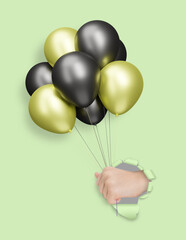 Aufkleber - Female hand holding red and black shiny balloons through the hole in mint paper