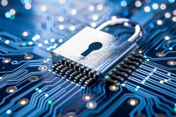 Canvas Print - Advanced security technology with a glowing padlock on a circuit board emphasizes robust data protection.