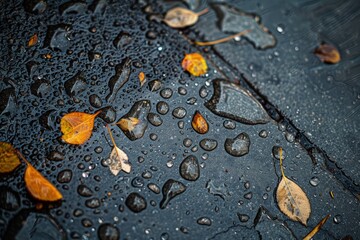 Wall Mural - a close up of a wet surface with leaves on it