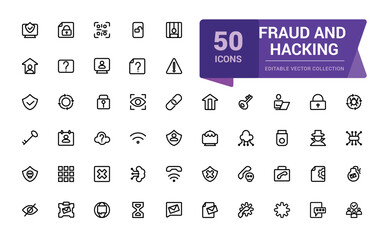 Poster - fraud and hacking line icon set. contains linear outline icons as virus, fraud, threat, theft, hacke